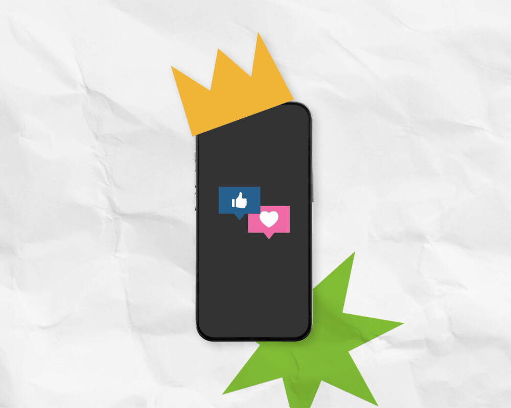 Content Is King and the Biggest Investment Area Collage-style image of a phone with like and heart icons wearing a crown, representing “content is king” and top investment focus.